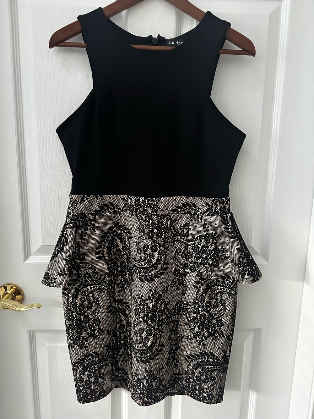 bebe Black & Tan Lace Peplum Cocktail Dress - Size L Y2K Retro Style